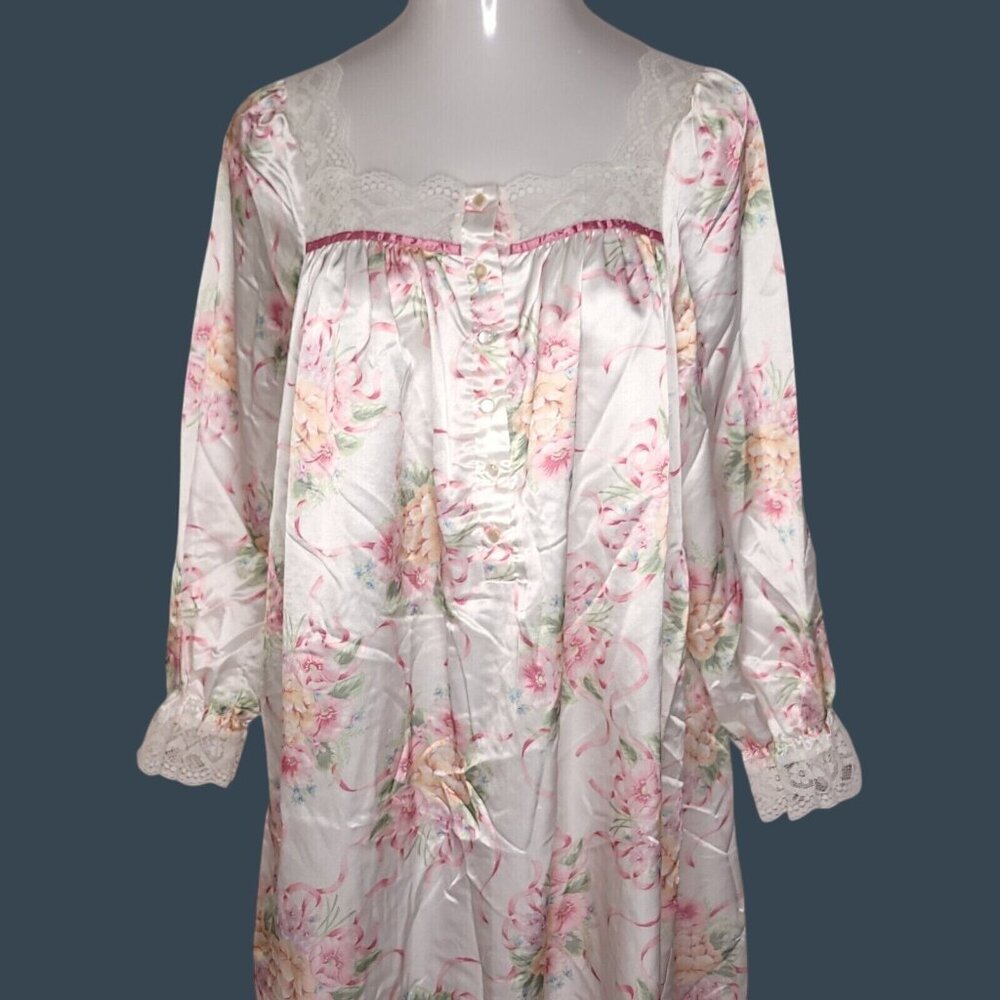 Vintage Night Gown Medium Long Sleeve Lace Accent Satin Cotton Buttons Side Slit